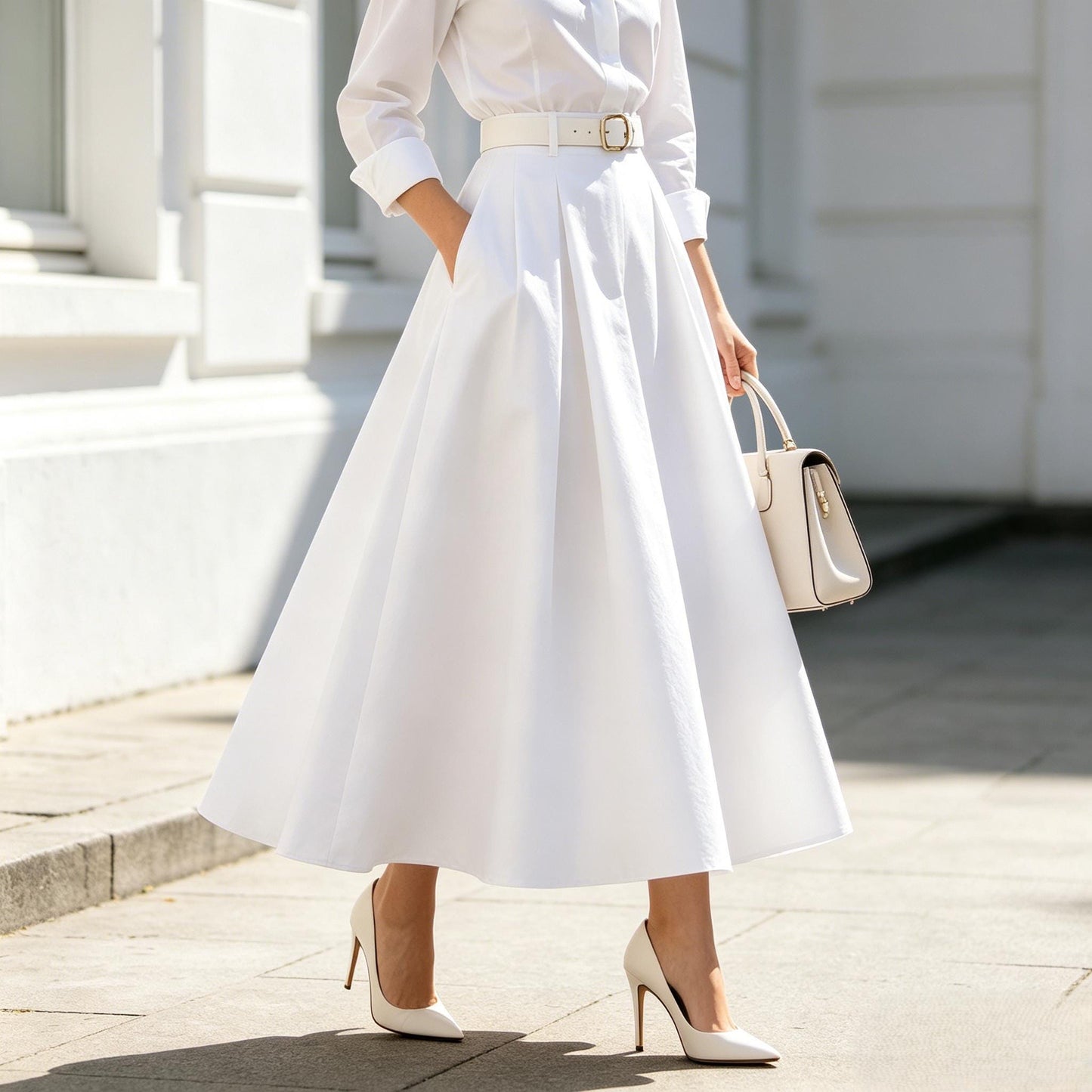 Clean White Maxi A Line Skirt For Women Elegant High Waist Long Skirt Minimal Modern Spring Fall Fashion Piece