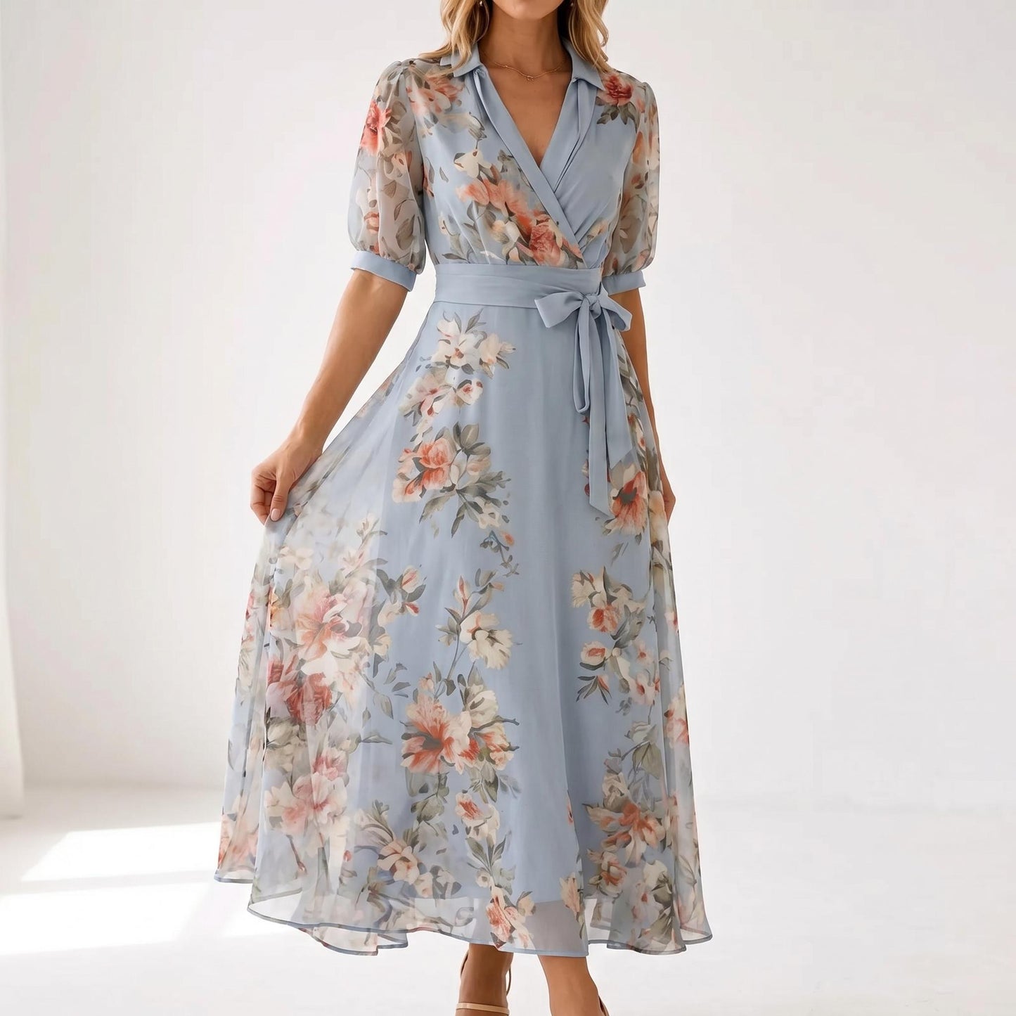 Blue Floral Wrap Maxi Dress, Chiffon Summer Dress for Women, Elegant Boho Wedding Guest Dress, Cottagecore Midi Dress