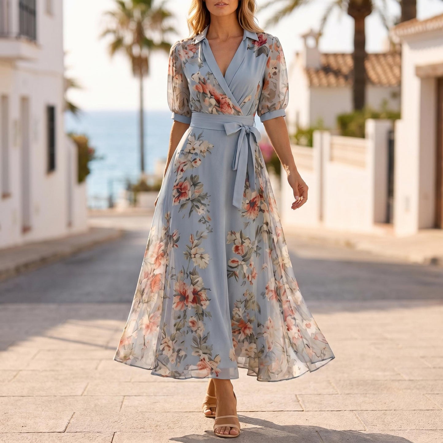 Blue Floral Wrap Maxi Dress, Chiffon Summer Dress for Women, Elegant Boho Wedding Guest Dress, Cottagecore Midi Dress