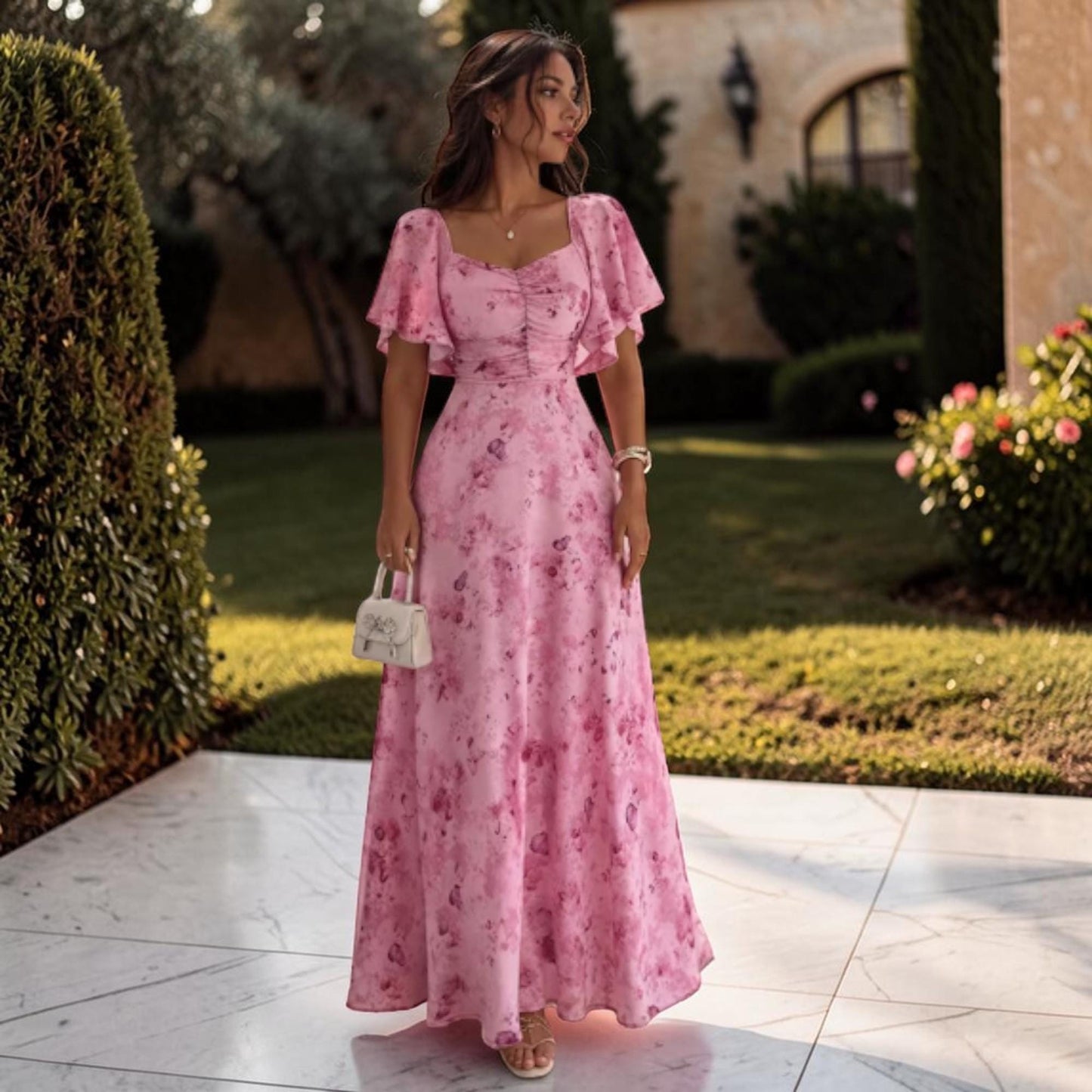 Floral Chiffon Maxi Dress – Romantic Ruched Flutter Sleeve Dress – European Style Flowy Outfit – Elegant Summer Dress