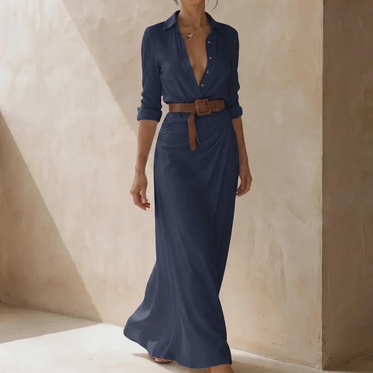 Luxury Maxi Shirt Dress for Women, Elegant Designer Style Dress, Stylish Belted Evening Dress, Timeless Feminine Dress