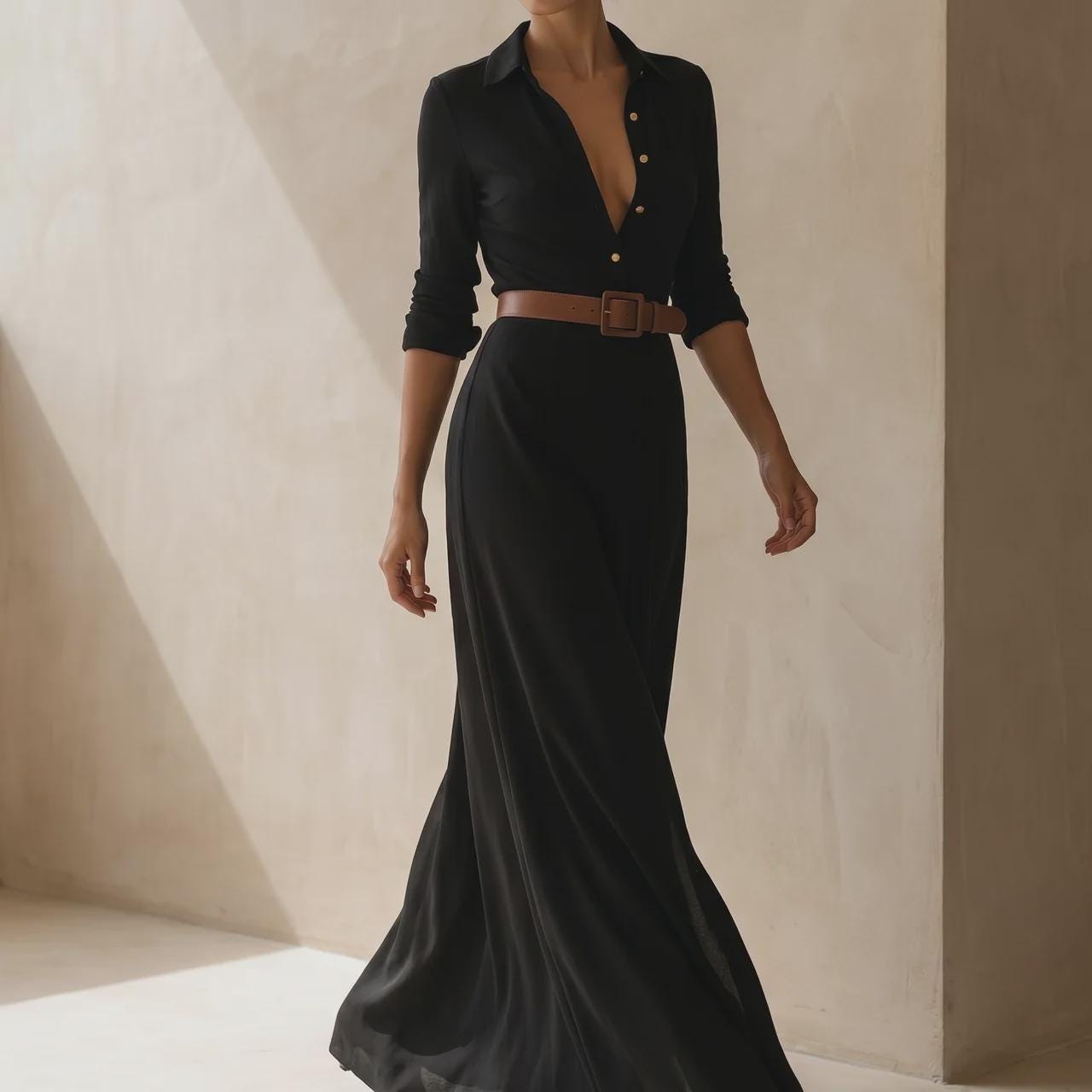 Luxury Maxi Shirt Dress for Women, Elegant Designer Style Dress, Stylish Belted Evening Dress, Timeless Feminine Dress