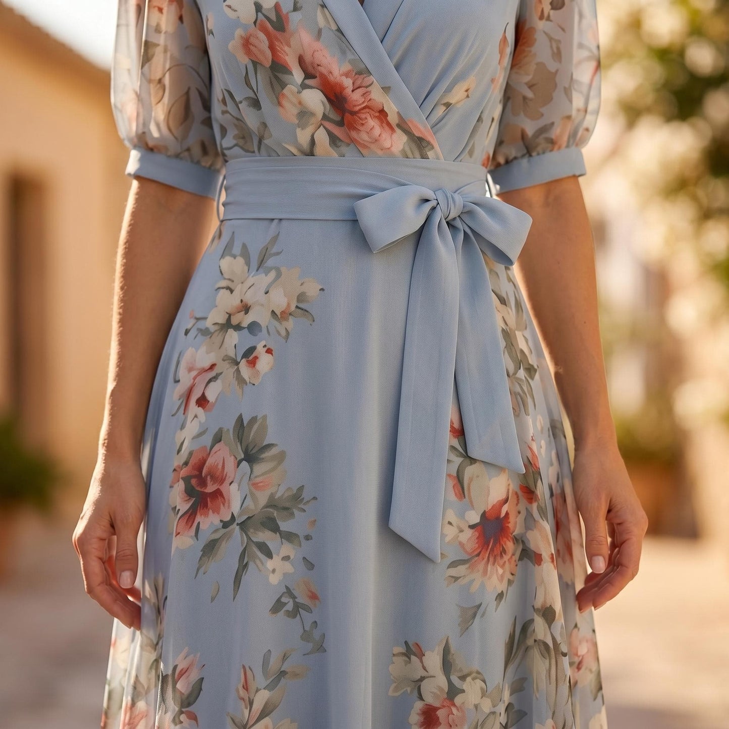 Blue Floral Wrap Maxi Dress, Chiffon Summer Dress for Women, Elegant Boho Wedding Guest Dress, Cottagecore Midi Dress