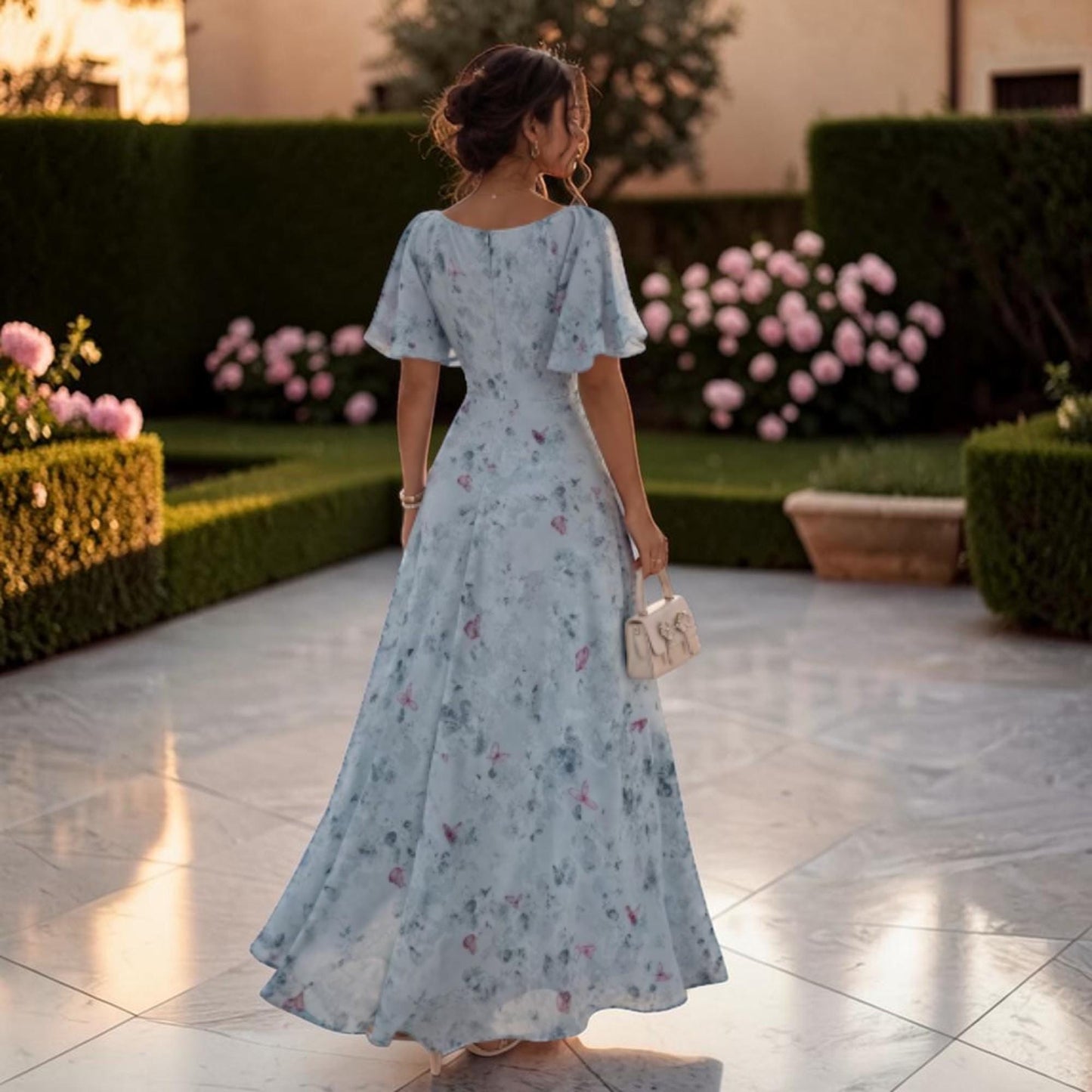 Floral Chiffon Maxi Dress – Romantic Ruched Flutter Sleeve Dress – European Style Flowy Outfit – Elegant Summer Dress