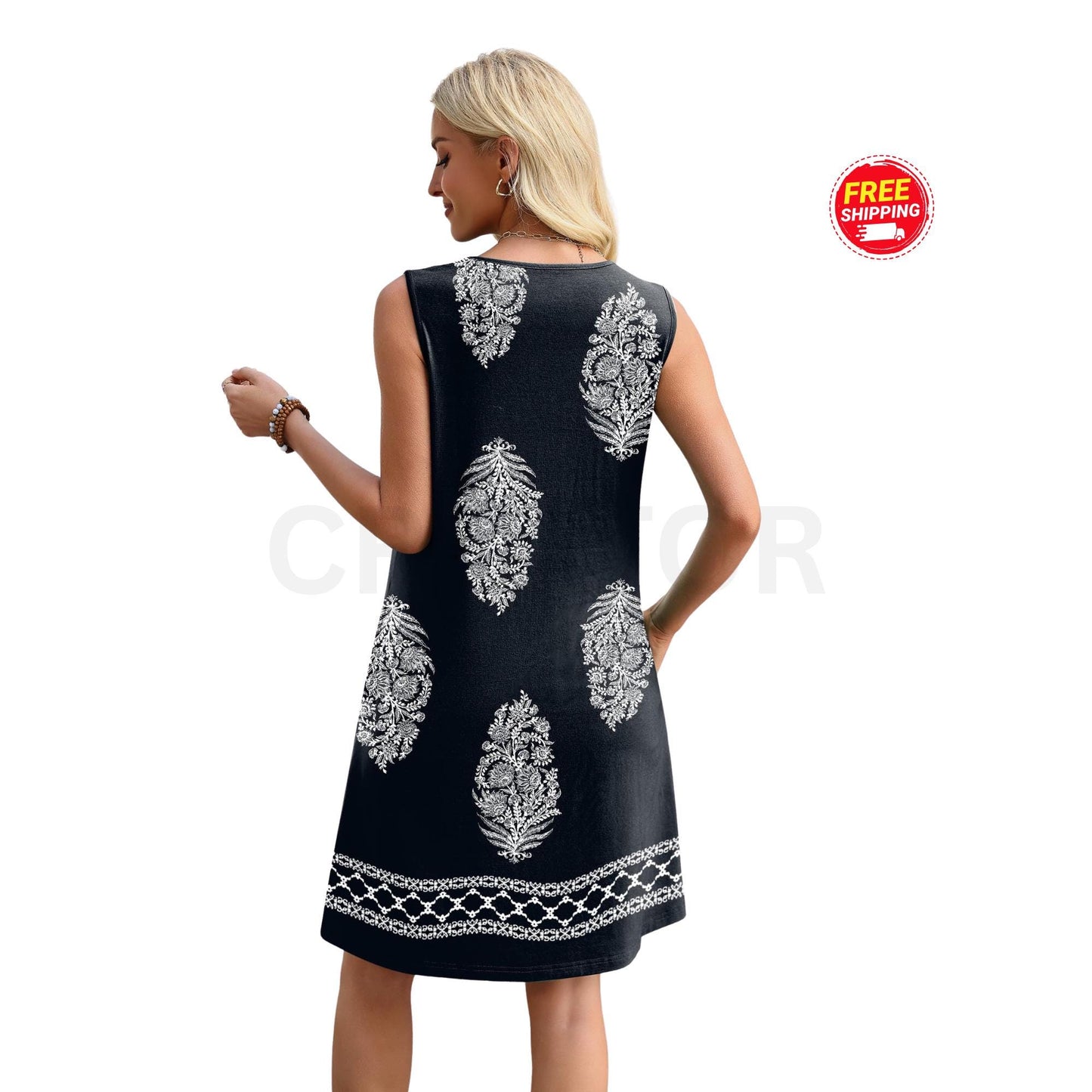 Womens Summer Boho Dress Sleeveless V Neck Casual Beach Vacation Pocket Outfit