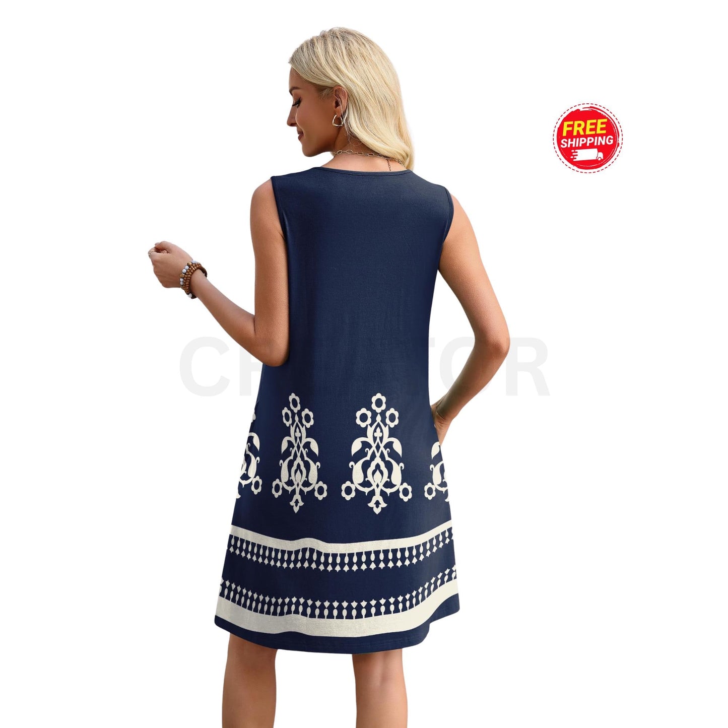 Womens Summer Boho Dress Sleeveless V Neck Casual Beach Vacation Pocket Outfit
