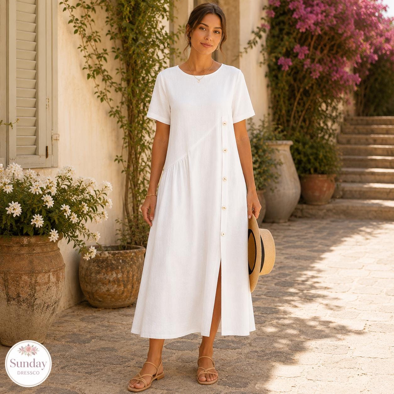 Linen Look Midi Dress - Button Front Sundress, Womens Clothing, Summer Outfit