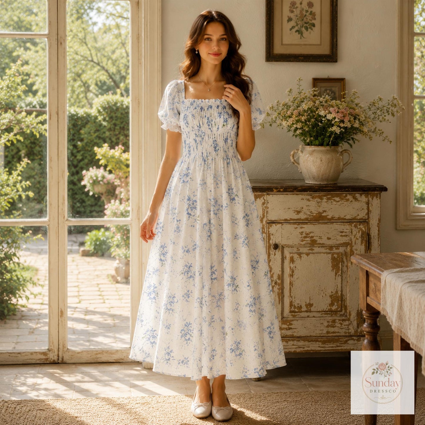 Blue Floral Maxi Dress - Smocked Puff Sleeve Sundress, Cottagecore Outfit, Summer