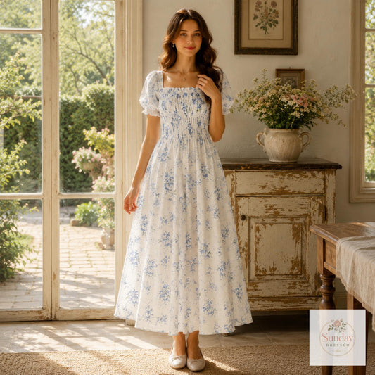 Blue Floral Maxi Dress - Smocked Puff Sleeve Sundress, Cottagecore Outfit, Summer