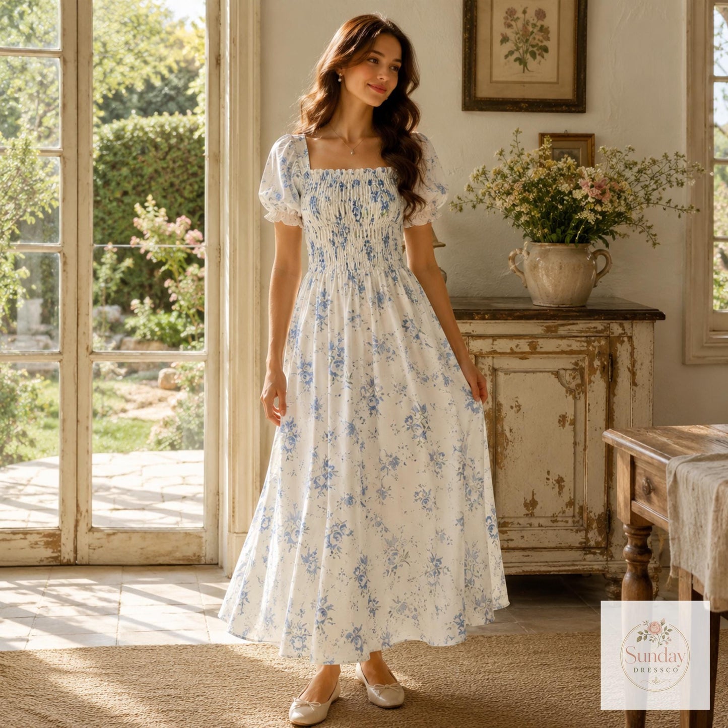 Blue Floral Maxi Dress - Smocked Puff Sleeve Sundress, Cottagecore Outfit, Summer