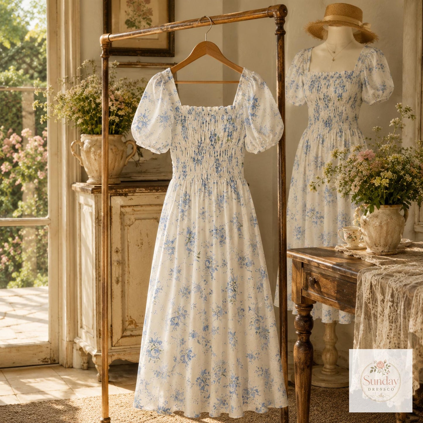 Blue Floral Maxi Dress - Smocked Puff Sleeve Sundress, Cottagecore Outfit, Summer