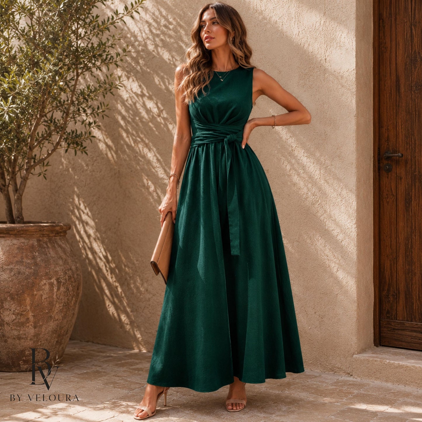 Elegant Sleeveless Maxi Dress, Wrap Waist Long Dress with Pockets, Gift For Women, Gift For Her