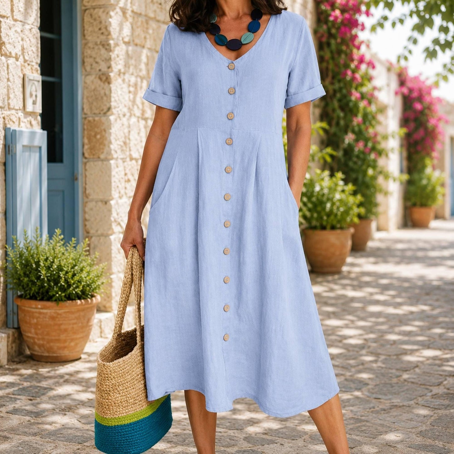 Cotton Linen Blend Midi Dress, Button Front Dress, Casual Summer Outfit, Pockets, Loose Fit