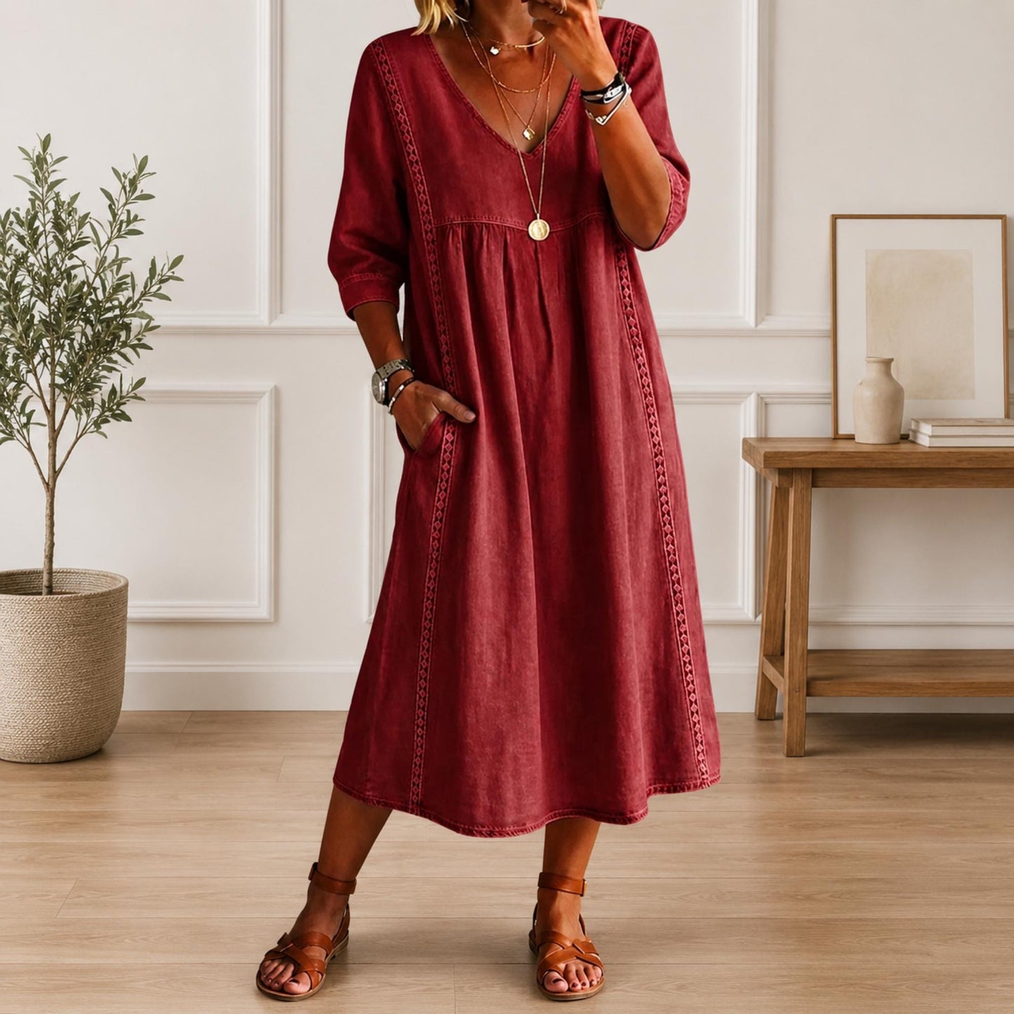 Women's Loose Cotton V Neck Pocket Midi Dress Casual Elegant Summer Outfit Dress