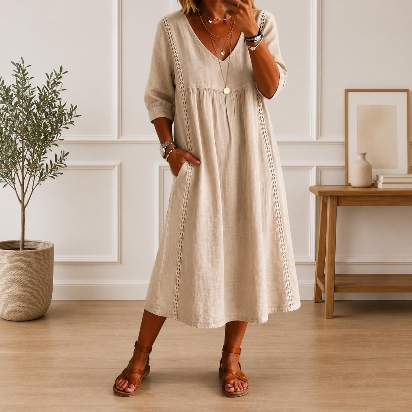 Women's Loose Cotton V Neck Pocket Midi Dress Casual Elegant Summer Outfit Dress