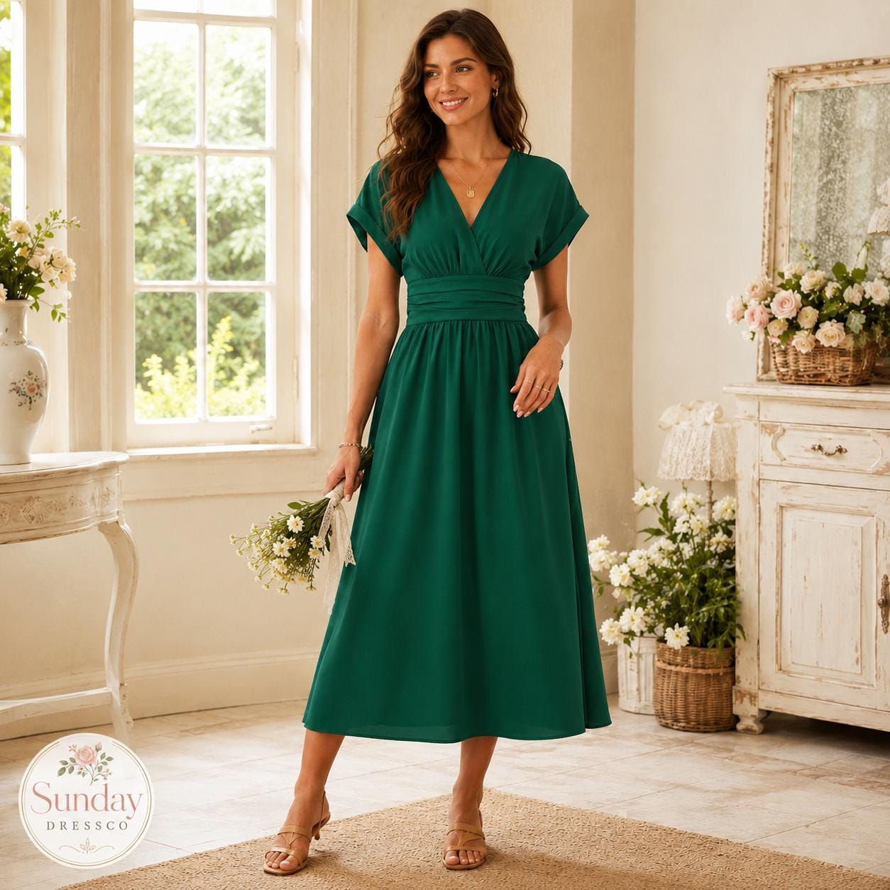 V Neck Midi Dress - Short Sleeve Gown, Women's Clothing, Summer Wedding Guest