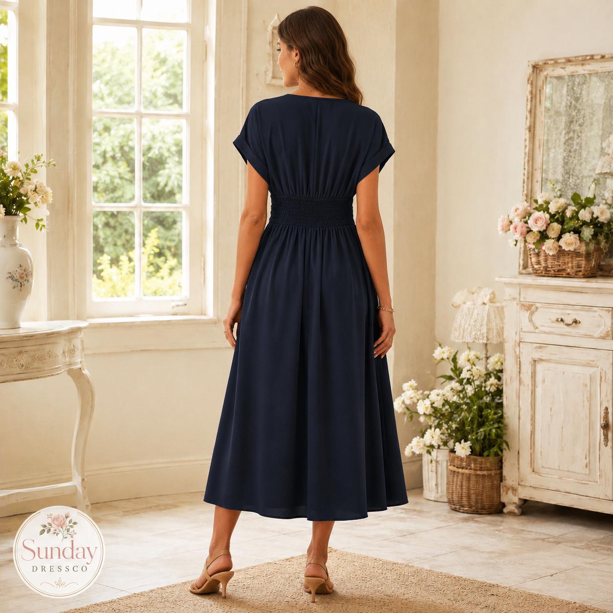 V Neck Midi Dress - Short Sleeve Gown, Women's Clothing, Summer Wedding Guest