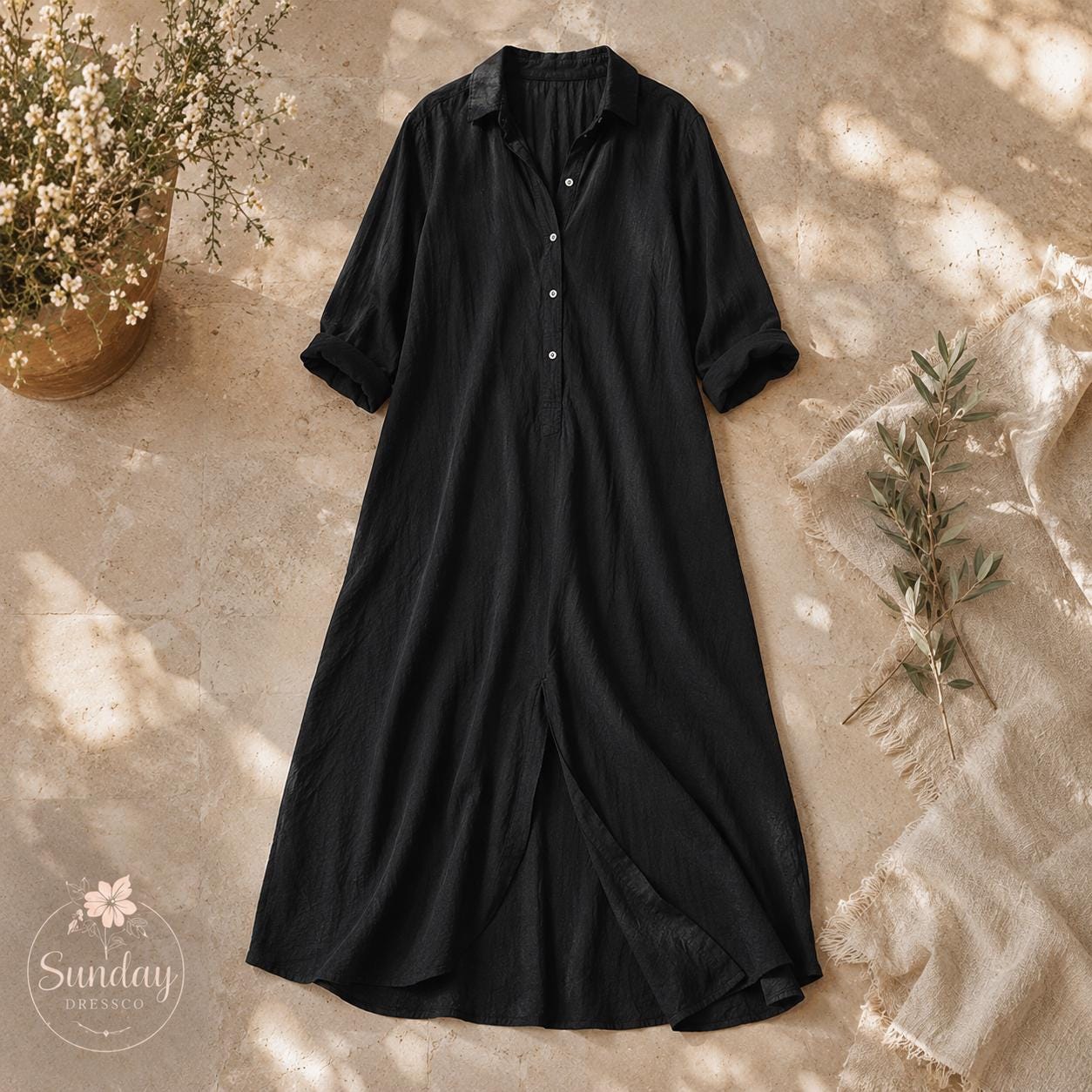 Button Down Maxi Dress Front Slit - Shirt Dress, Women's Clothing, Summer Outfit
