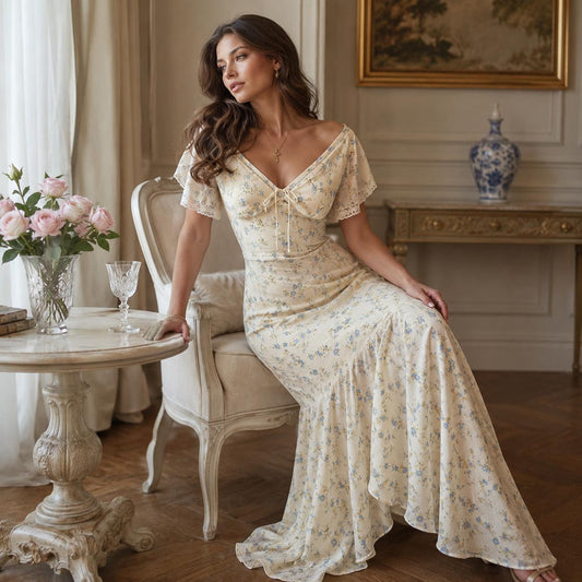 Floral V-Neck Maxi Dress, Short Sleeve Elegant Summer Holiday Party Dress
