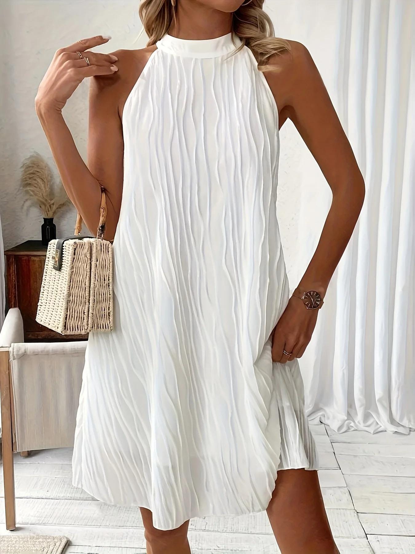 White Halter Neck Dress Women Elegant Loose Summer Sundress