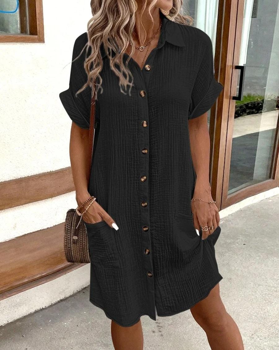 Vintage Cotton Linen Dress Women V Neck Summer Mini Dress