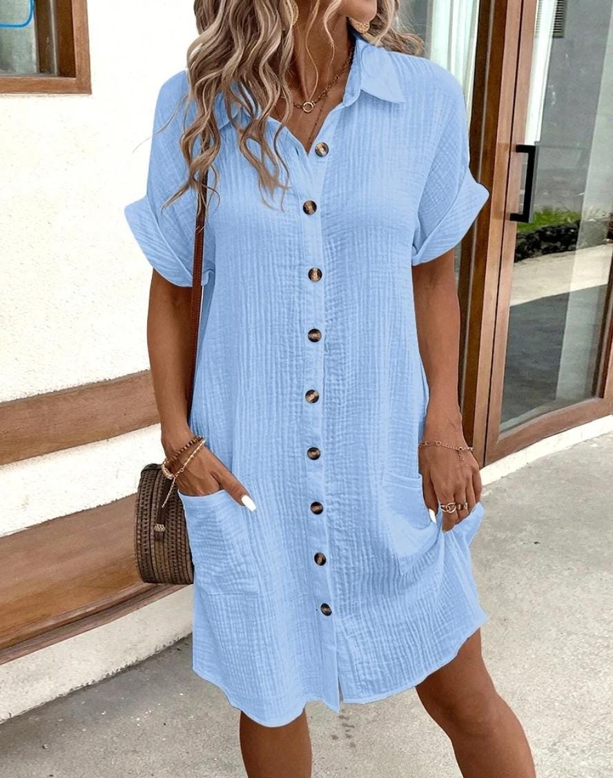 Vintage Cotton Linen Dress Women V Neck Summer Mini Dress