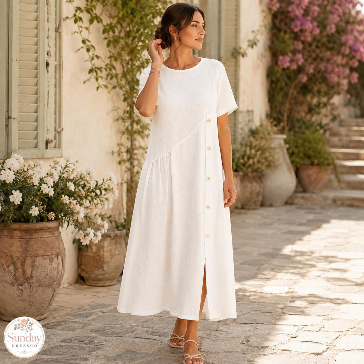 Linen Look Midi Dress - Button Front Sundress, Womens Clothing, Summer Outfit