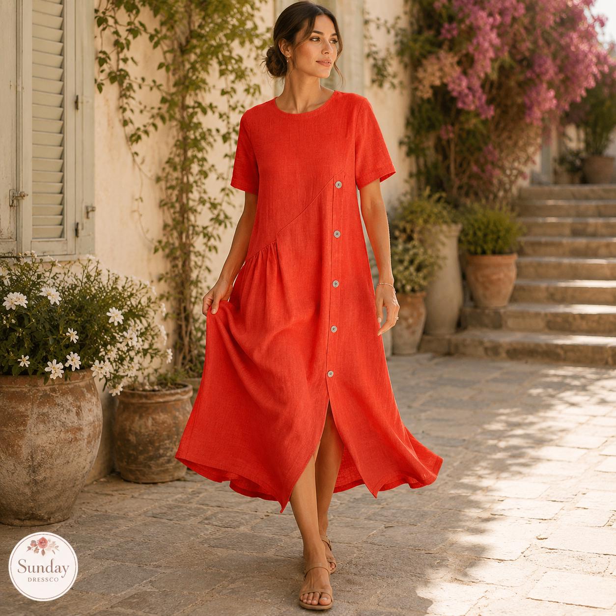 Linen Look Midi Dress - Button Front Sundress, Womens Clothing, Summer Outfit