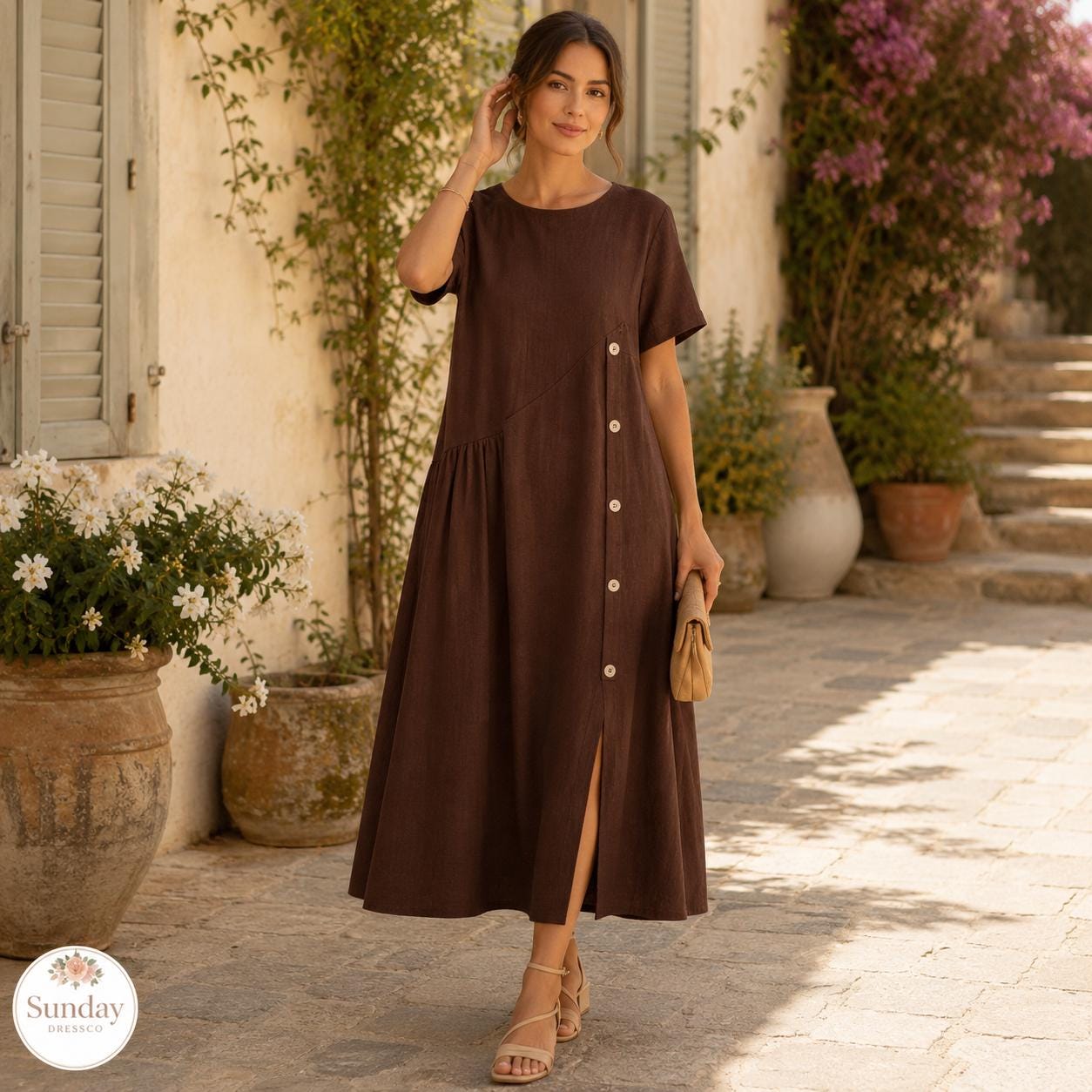 Linen Look Midi Dress - Button Front Sundress, Womens Clothing, Summer Outfit