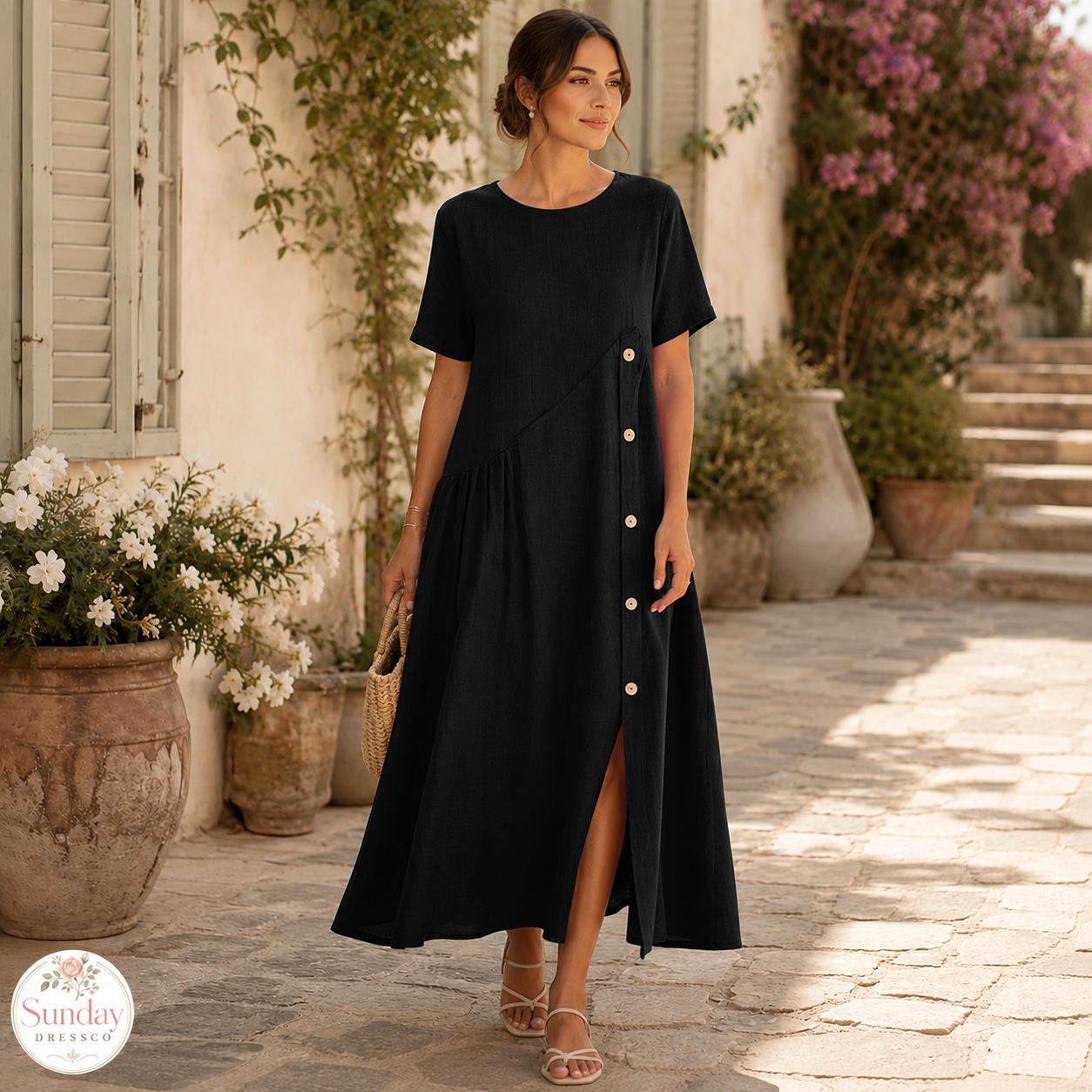 Linen Look Midi Dress - Button Front Sundress, Womens Clothing, Summer Outfit