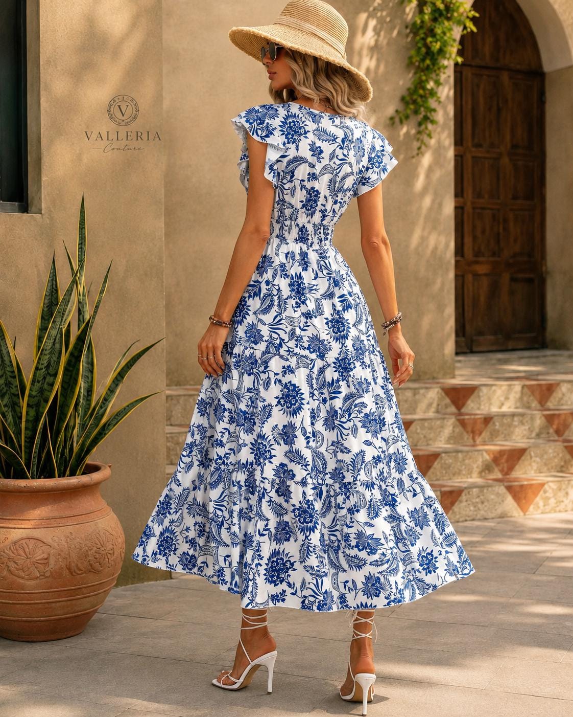 Blue Floral Maxi Dress Women, V Neck Butterfly Sleeve Summer Dress, Ruffle Hem Boho Vacation Resort Dress