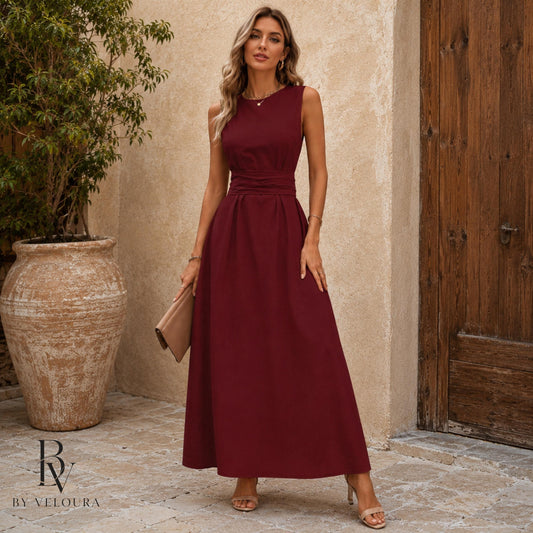 Elegant Sleeveless Maxi Dress, Wrap Waist Long Dress with Pockets, Gift For Women, Gift For Her