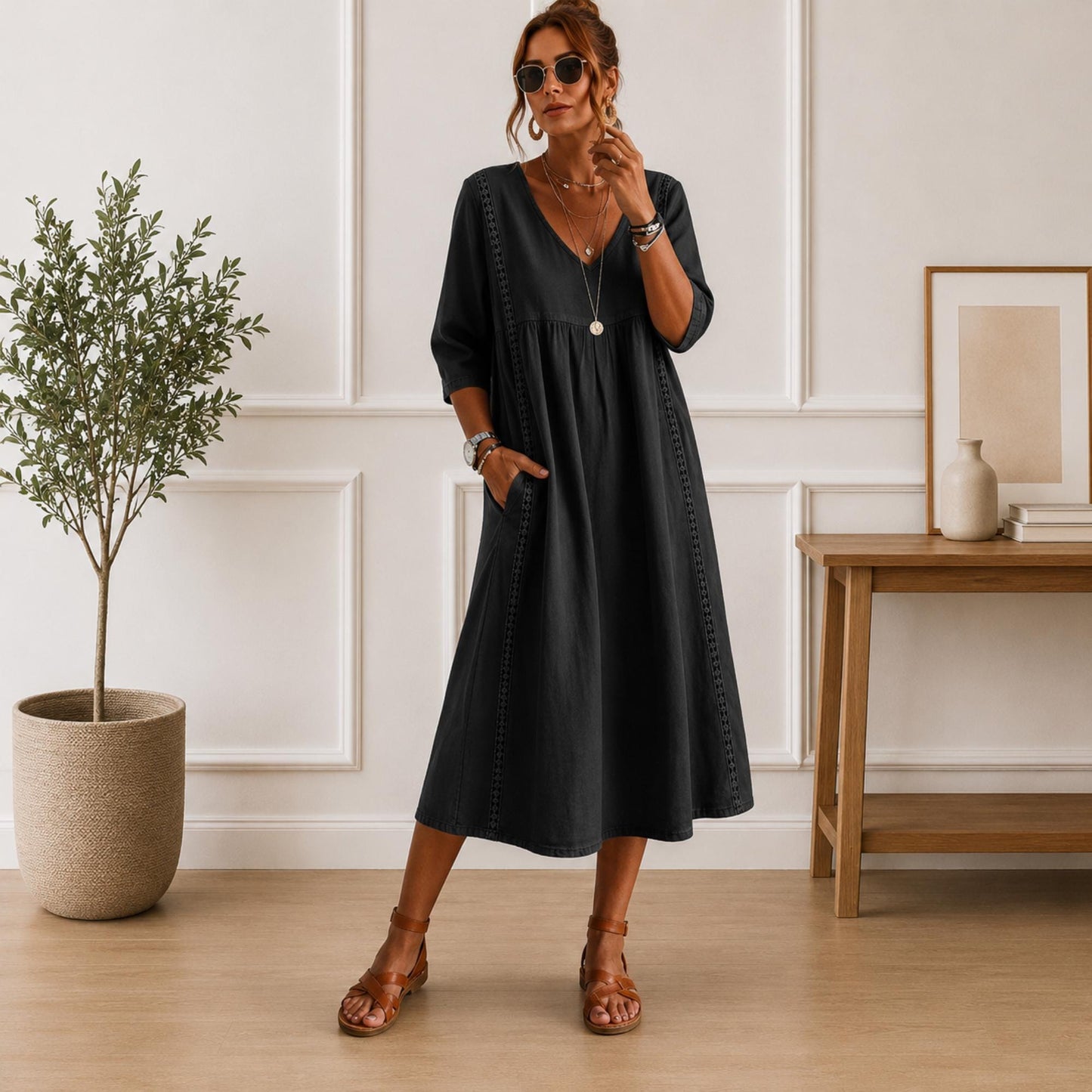 Women's Loose Cotton V Neck Pocket Midi Dress Casual Elegant Summer Outfit Dress