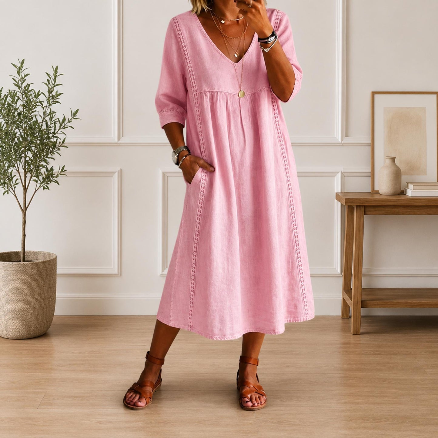 Women's Loose Cotton V Neck Pocket Midi Dress Casual Elegant Summer Outfit Dress