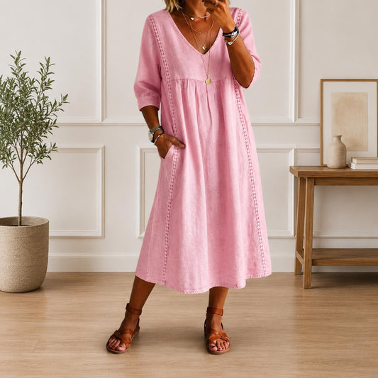 Women's Loose Cotton V Neck Pocket Midi Dress Casual Elegant Summer Outfit Dress