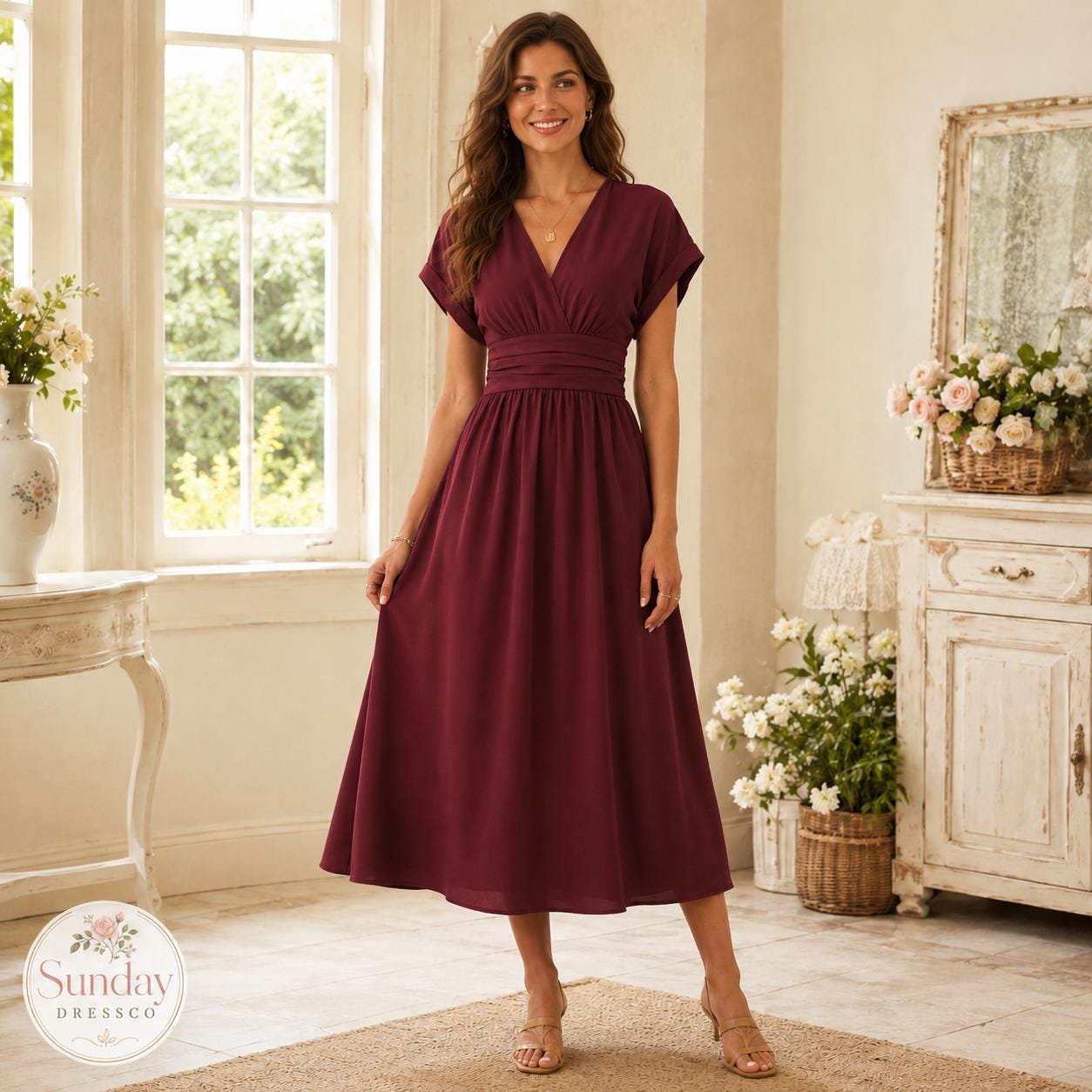 V Neck Midi Dress - Short Sleeve Gown, Women's Clothing, Summer Wedding Guest