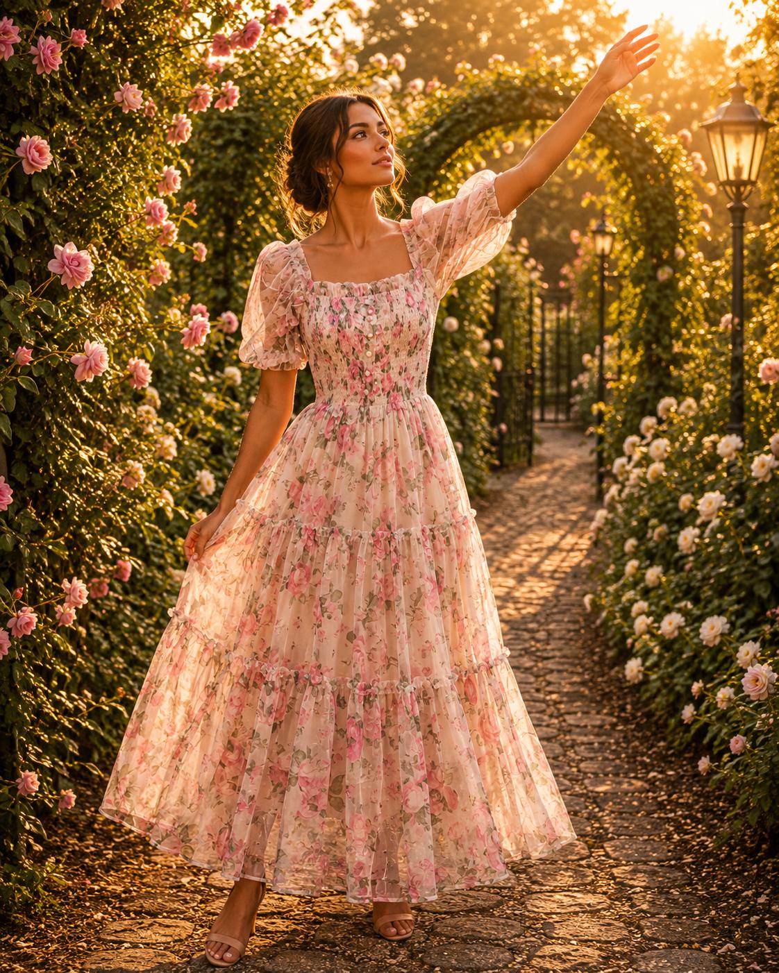 Summer Floral Chiffon Maxi Dress, Romantic Evening Wedding Gown, French Mesh Cinched Slash Neck Dress, Flowy Vacation Dress, Resort Wear
