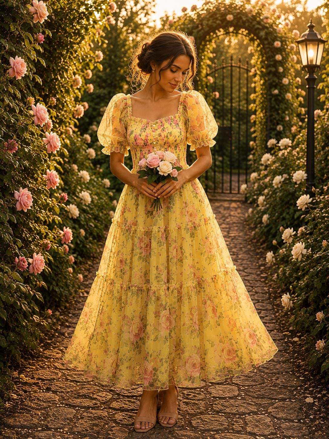 Summer Floral Chiffon Maxi Dress, Romantic Evening Wedding Gown, French Mesh Cinched Slash Neck Dress, Flowy Vacation Dress, Resort Wear