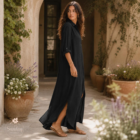 Button Down Maxi Dress Front Slit - Shirt Dress, Women's Clothing, Summer Outfit