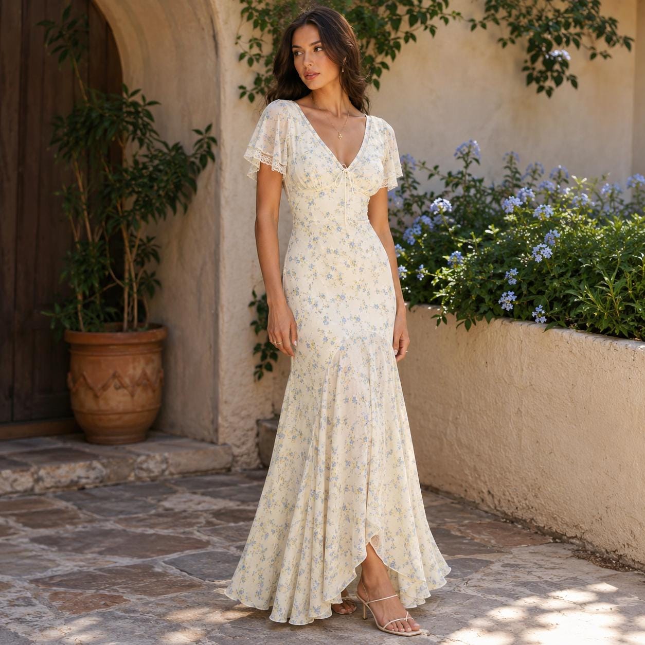 Floral V-Neck Maxi Dress, Short Sleeve Elegant Summer Holiday Party Dress