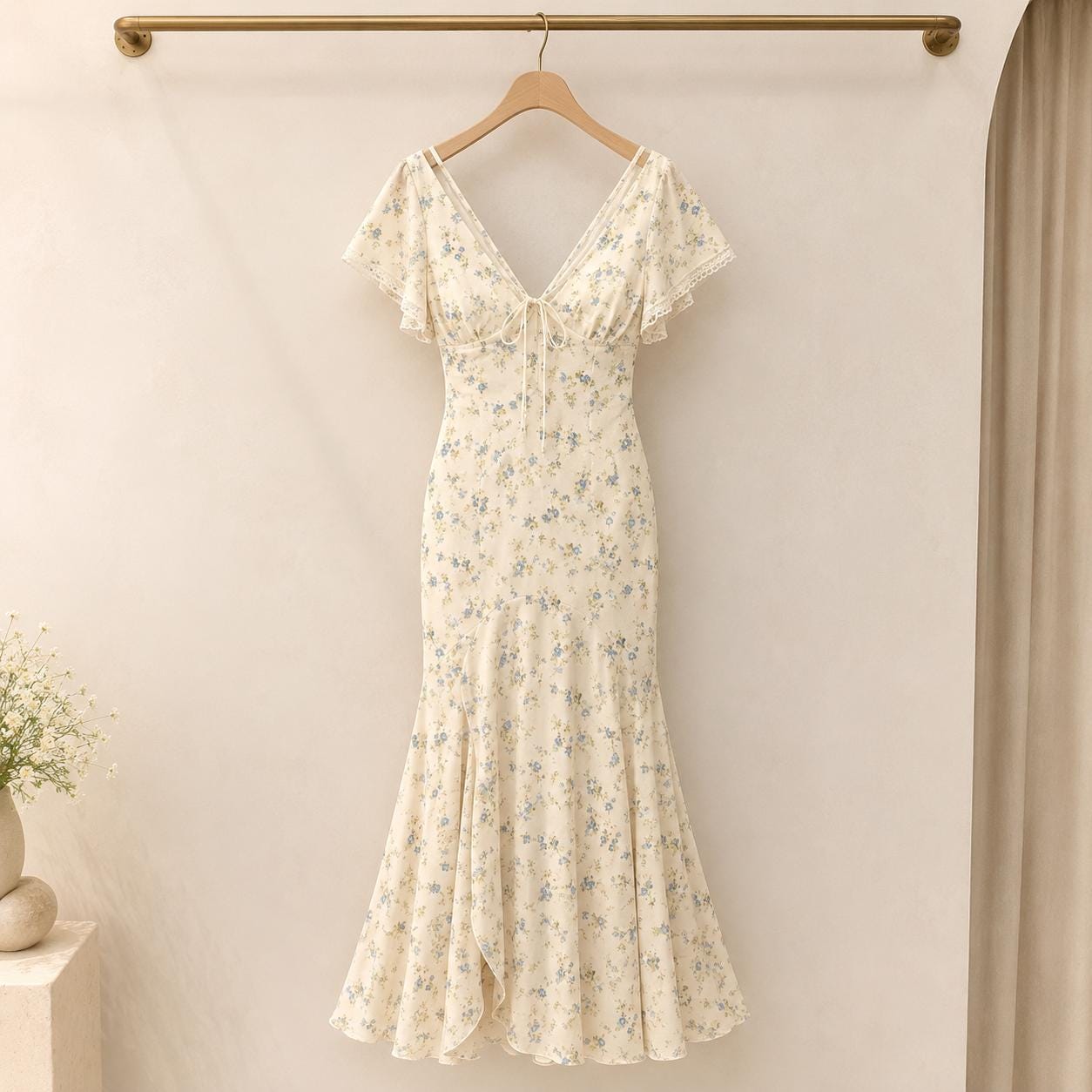 Floral V-Neck Maxi Dress, Short Sleeve Elegant Summer Holiday Party Dress
