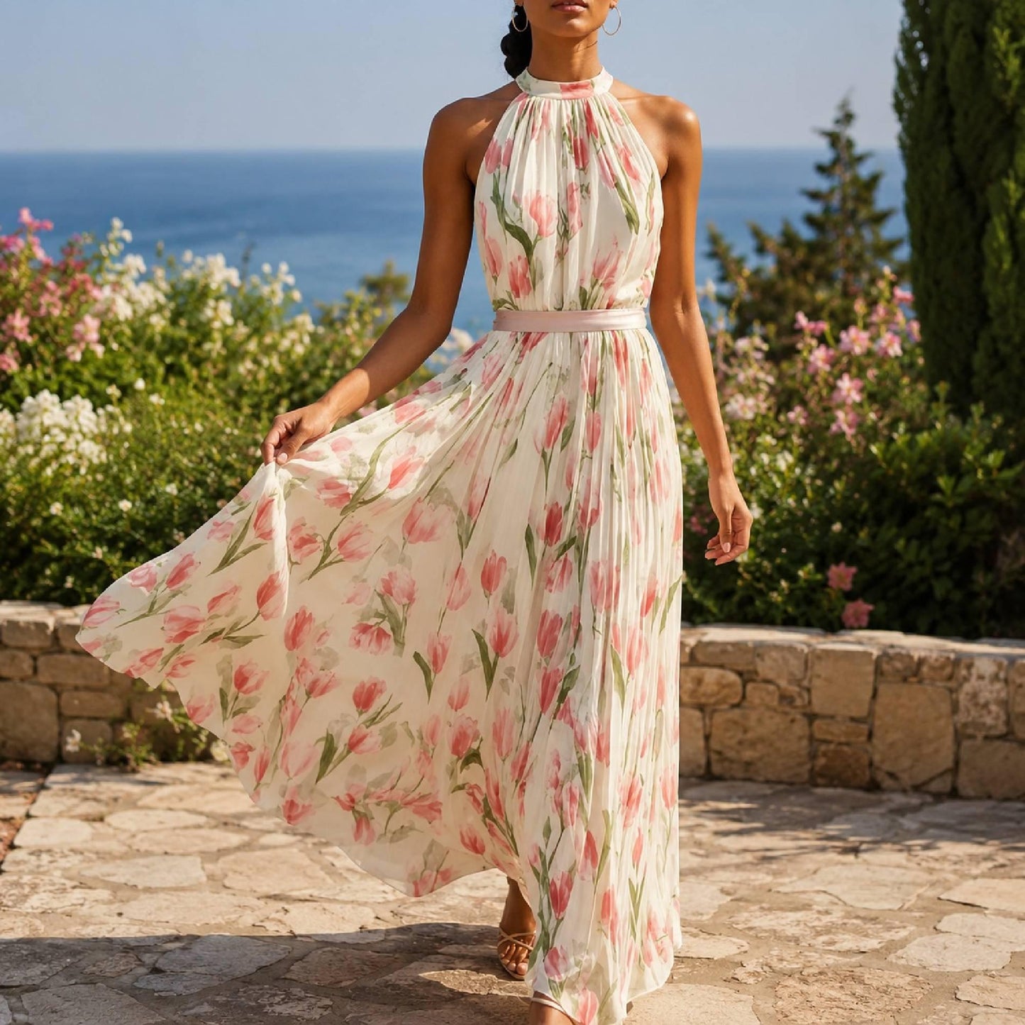 Womens Halter Maxi Dress Floral Pleated Beach Vacation Wedding Guest Summer Flowy Elegant Outfit