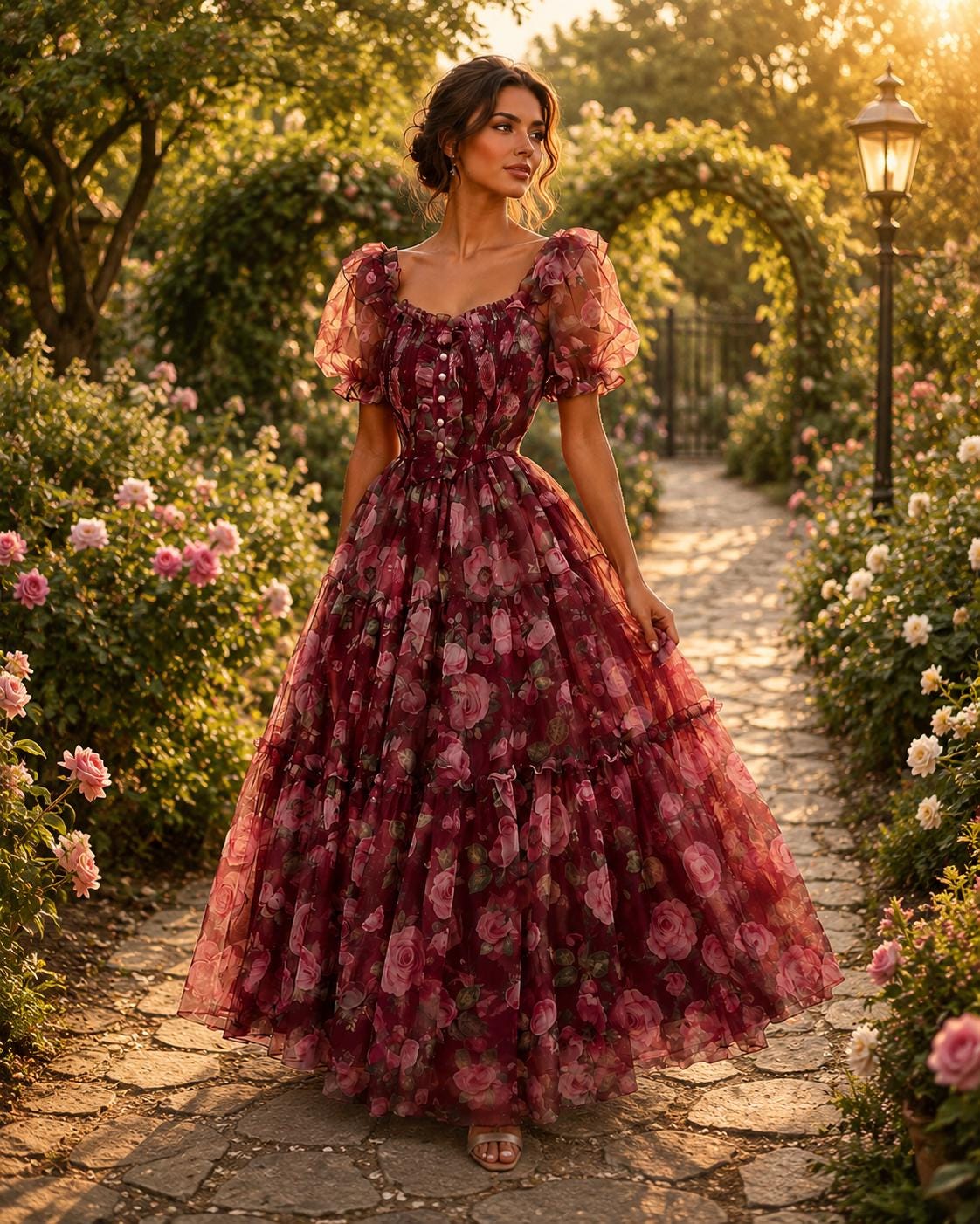 Summer Floral Chiffon Maxi Dress, Romantic Evening Wedding Gown, French Mesh Cinched Slash Neck Dress, Flowy Vacation Dress, Resort Wear