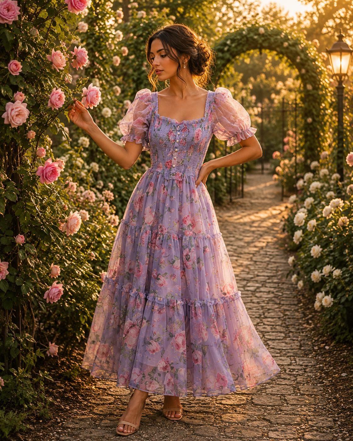 Summer Floral Chiffon Maxi Dress, Romantic Evening Wedding Gown, French Mesh Cinched Slash Neck Dress, Flowy Vacation Dress, Resort Wear