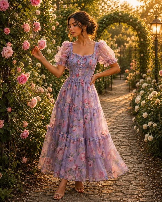 Summer Floral Chiffon Maxi Dress, Romantic Evening Wedding Gown, French Mesh Cinched Slash Neck Dress, Flowy Vacation Dress, Resort Wear