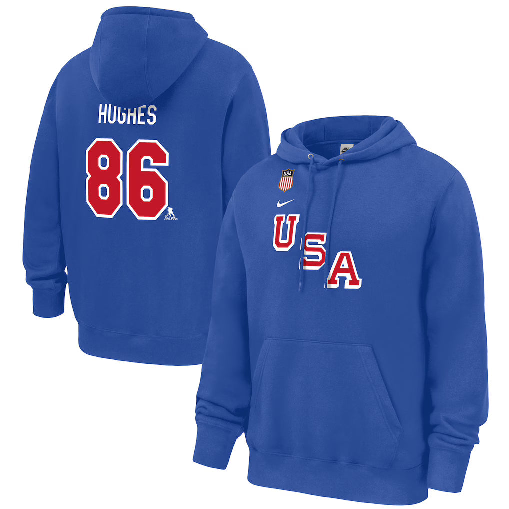 Men's Nike Jack Hughes Royal USA Hockey 2026 Name & Number Hoodie