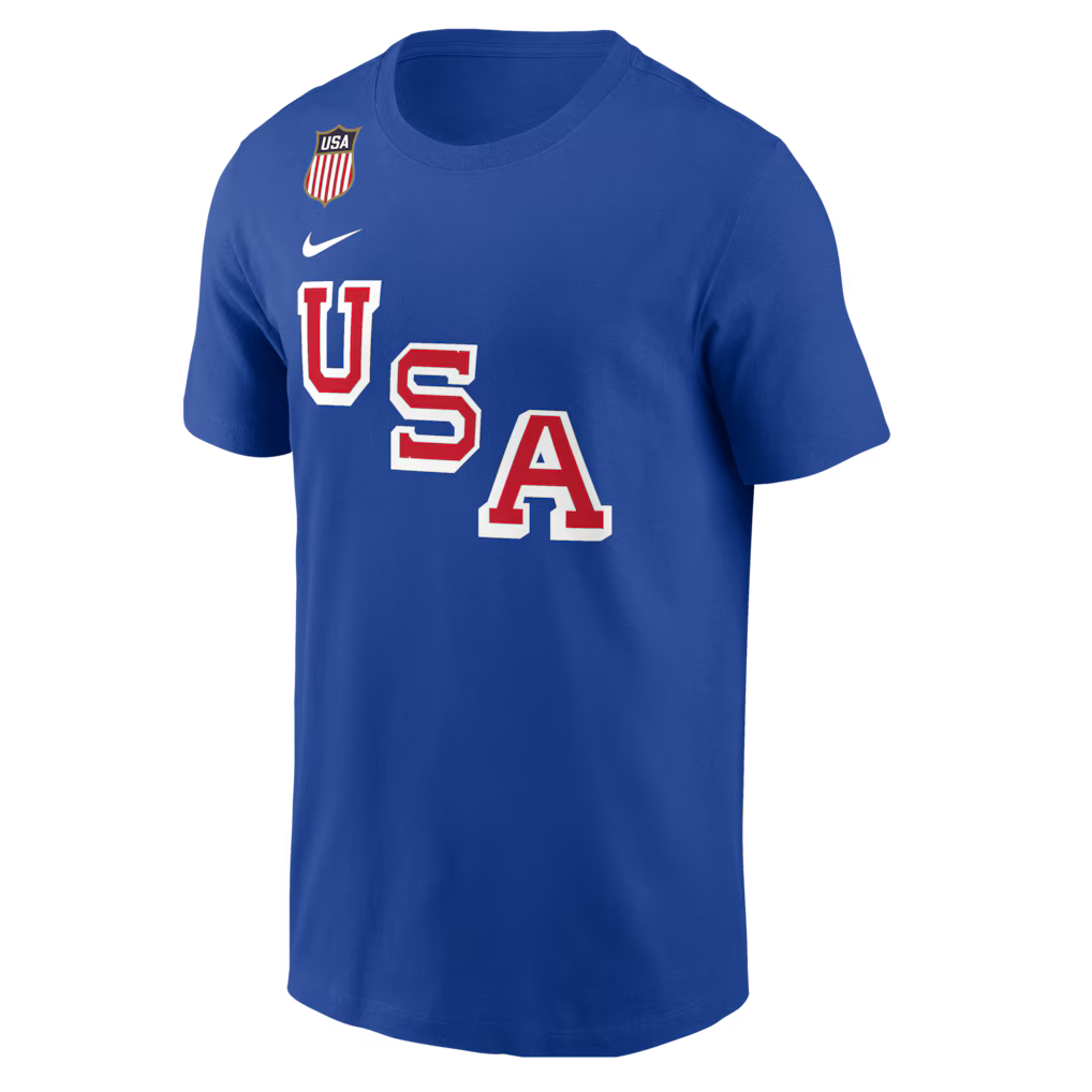 Men's Nike Quinn Hughes Royal USA Hockey 2026 Name & Number T-Shirt