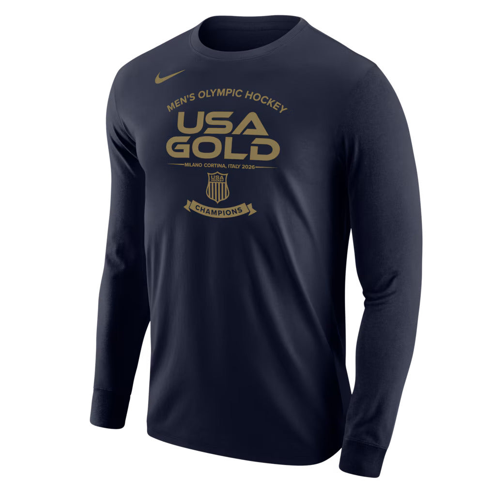 Men's USA Hockey Nike 2026 Winter Olympics Gold Medal Core Long Sleeve T-Shirt - Navy