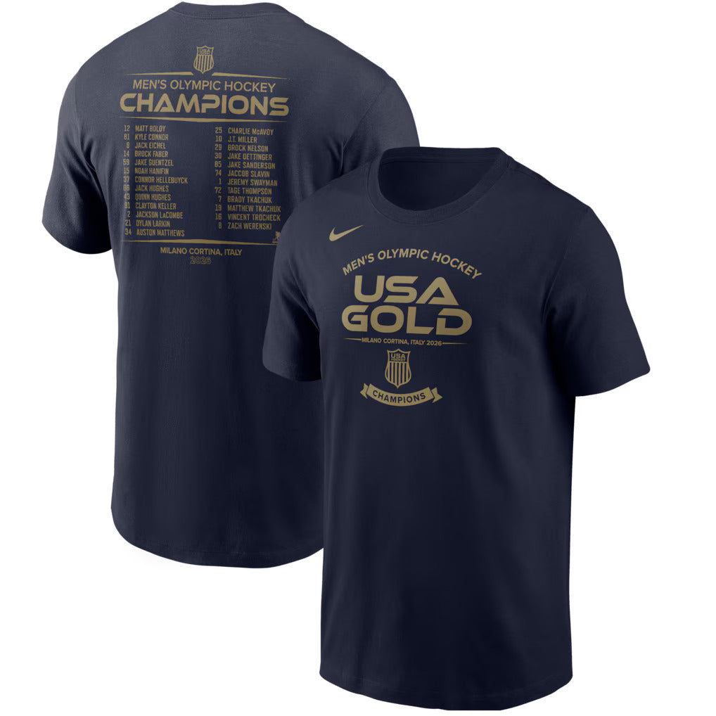 Men's USA Hockey Nike 2026 Winter Olympics Gold Medal Roster T-Shirt - Navy
