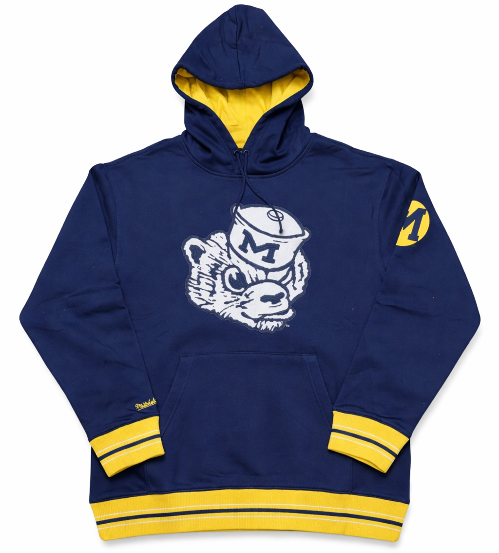 Men's Michigan Wolverines Mitchell & Ness Navy Playoff Win Lightweight Fleece Hoodie